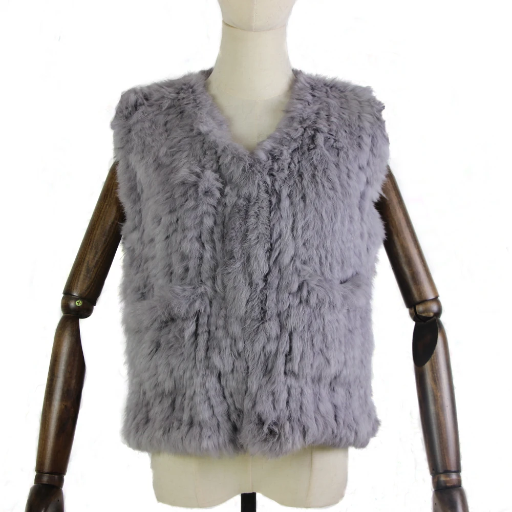 Nuovo gilet di pelliccia di coniglio lavorato a maglia gilet senza maniche gilet con tasca marrone naturale/grigio/nero