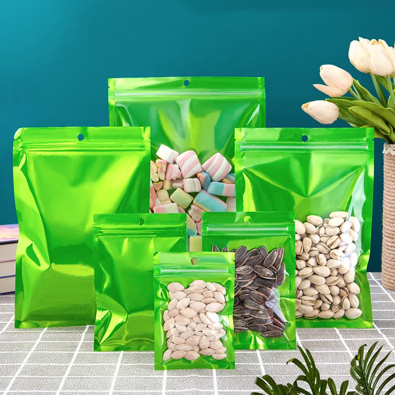 1000Pcs Green Resealable Smell Proof Flat Ziplock Bag Clear Front Hang Hole Aluminum Foil Pouch Bag For Party Favor Food Storage