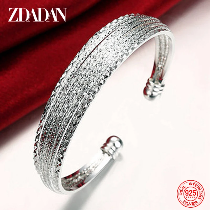 

ZDADAN 925 Sterling Silver Scrub Multi Line Open Cuff Bracelet For Women Party Jewelry Gift