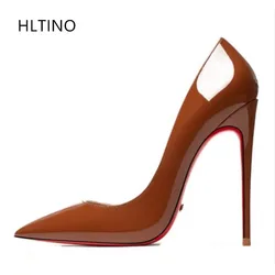 HLTINO décolleté autunnali marrone scuro brillante donna tacchi a spillo rossi moda tacchi a spillo scarpe da sera per matrimonio Casual