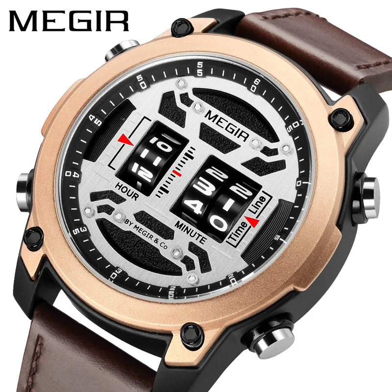 MEGIR Origin Scroll Wheel Design Watches Men Leather Business Sports Clock Fashion Quartz Waterproof Roller Time Display Relogio