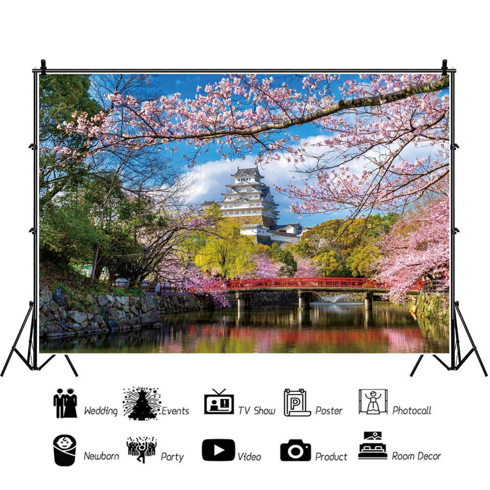 Laeacco Trung Quốc Cổ Đại Sân Mùa Xuân Cảnh Quan Thiên Nhiên Phông Nền Sakura Bên Bờ Hồ Trẻ Em Người Lớn Chụp Ảnh Chân Dung Nền