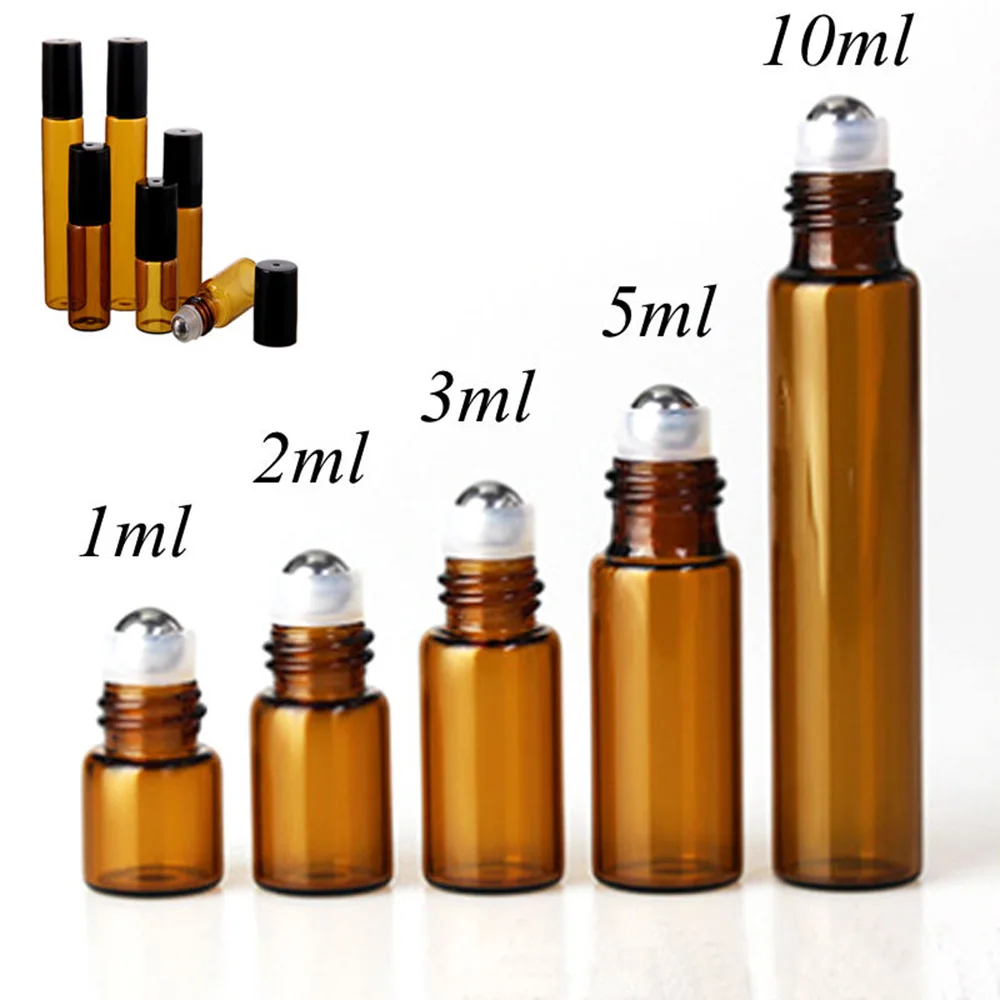 1/2/3/5/10ml Amber Empty Essential Oil Glass Bottle Refillable Perfume Roller Ball Portable Home Travel Liquid Container Tools