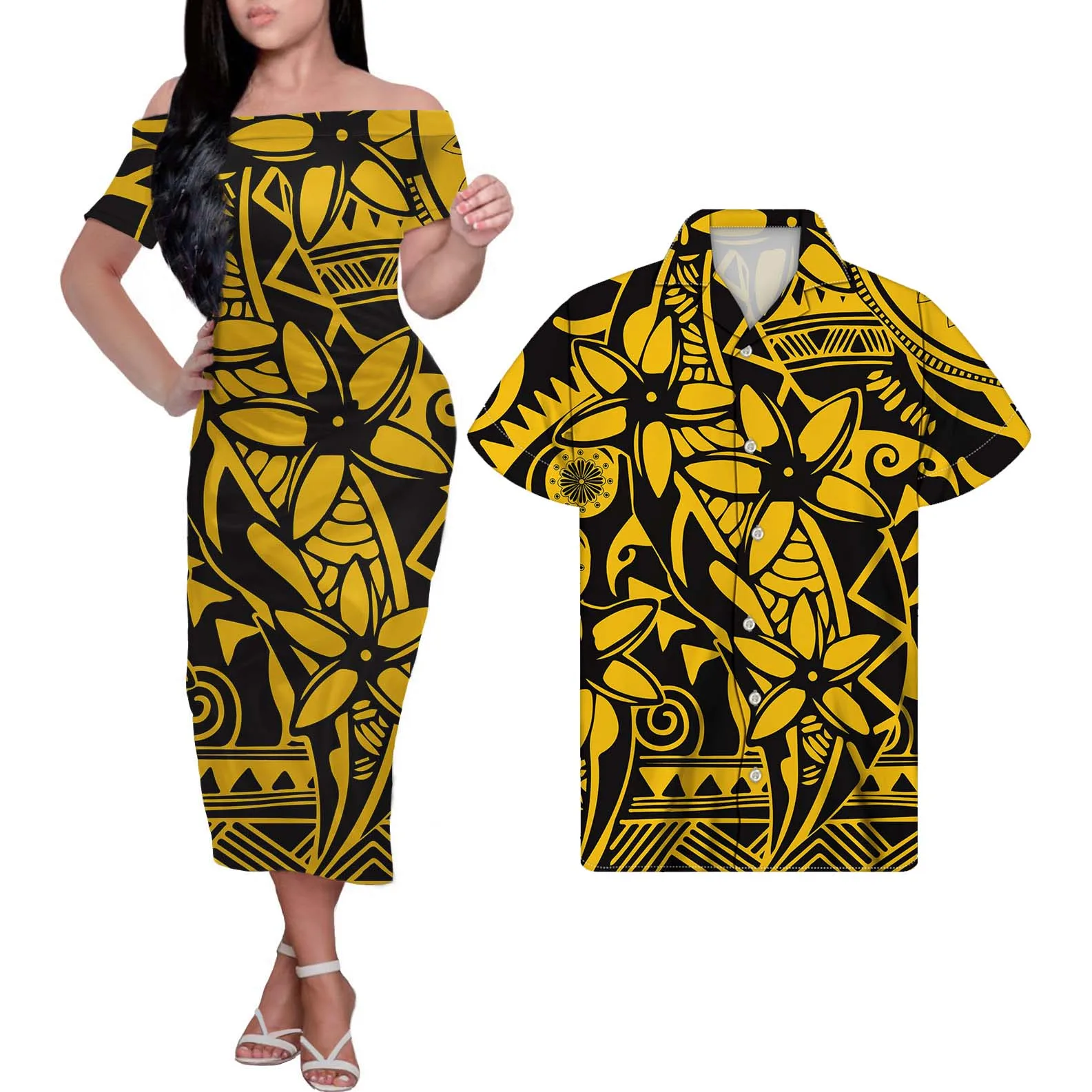 HYCOOL Polynesian Tribal Design Party Sleeveless Yellow Dress Off Shoulder Long Bodycon Wedding Guest Dress Couple Matching Sets