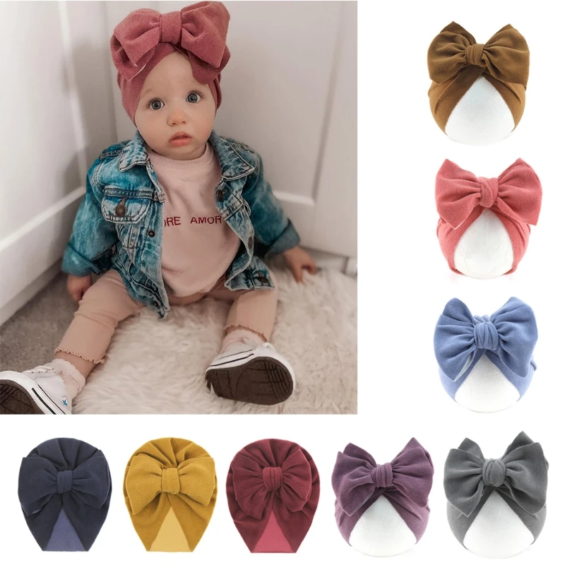 Baby Big Bowknot India Hat Headwrap Solid Color Beanie Cap Cute Bow Cotton Elastic Turban Headband for Newborn Infant Girls Boys