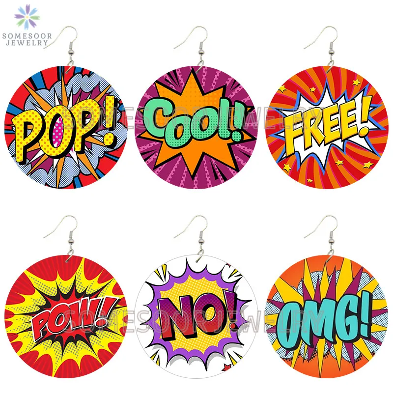 SOMESOOR OMG WOW FREE Bubble Comics Pop Wooden Drop Earrings Boths Sides Printed Cartoons Designs Loops Jewelry For Women Gifts