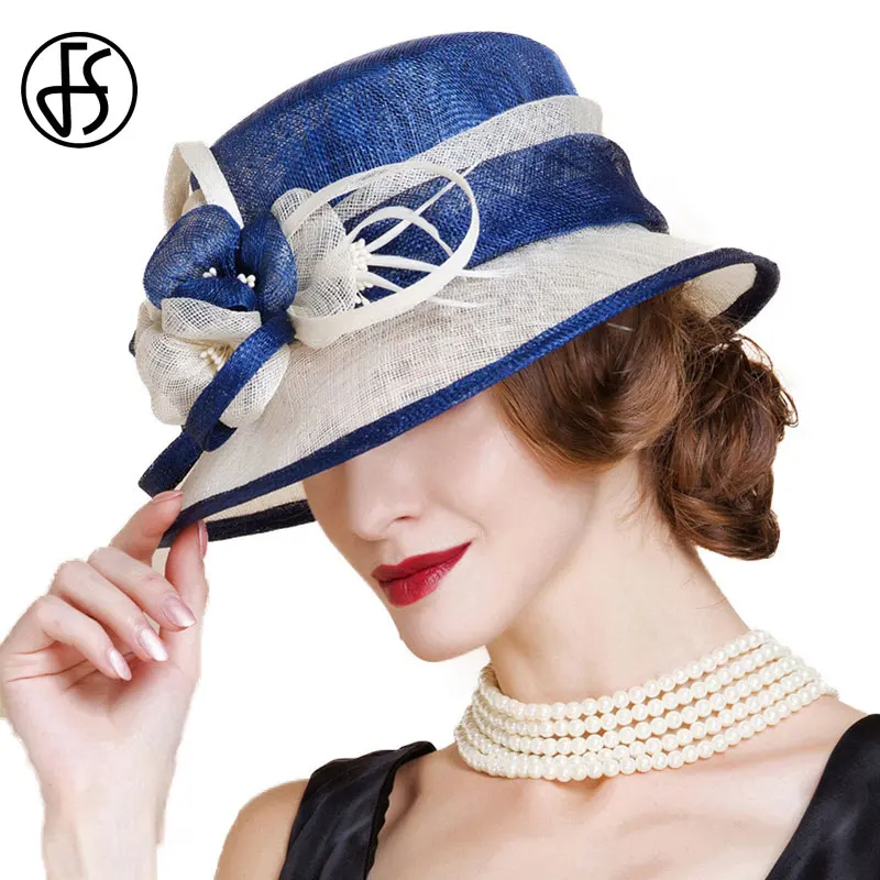 FS British Blue White Sinamay Wedding Hat For Women Church Hat Elegant Flower Wide Brim Fedoras 2023 Linen Kentucky Derby Hat