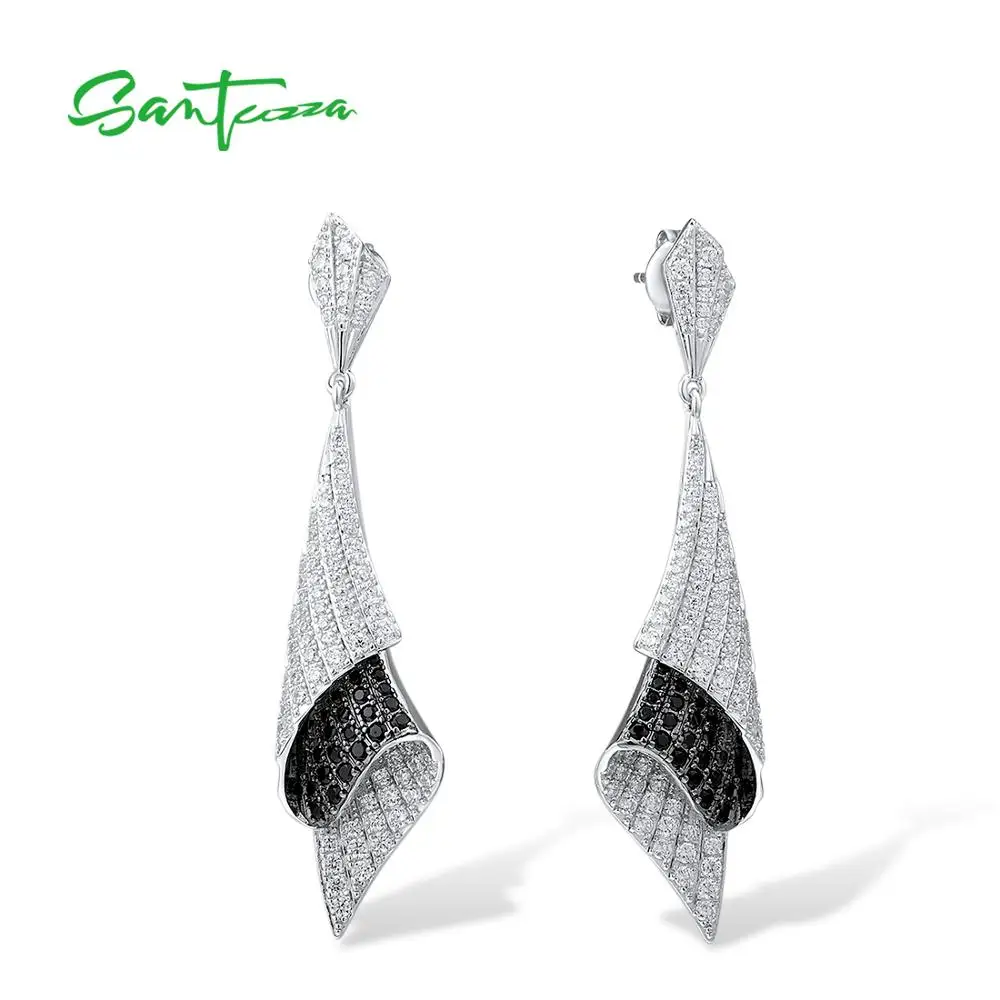 SANTUZZA Silver Earrings For Woman Genuine 925 Sterling Silver Folded Black Spinel White Cubic Zirconia Classical Fine Jewelry