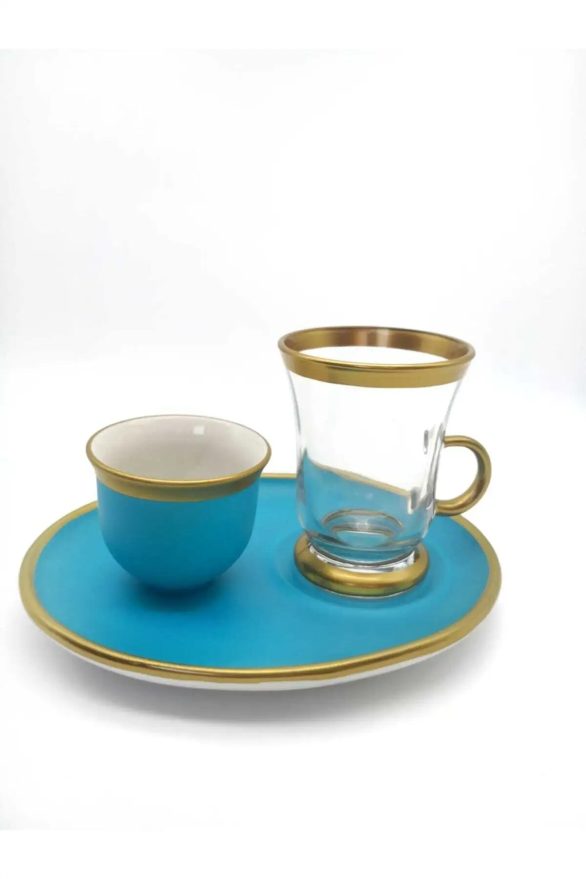 Uras 18 Piece Turquoise Color Tea Set (6 + 6 + 6) English Tea Cup Glass Cup