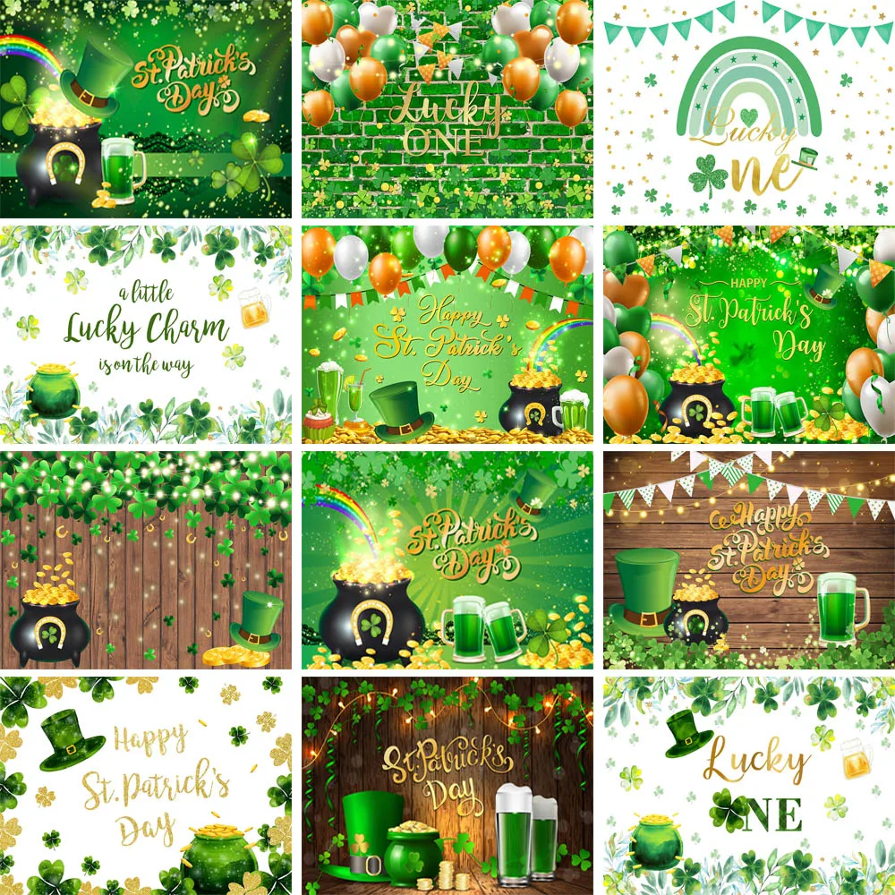 

Happy St Patrick's Day Backdrop Shamrock Gold Shiny Balloon Green Clover Lucky Child Birthday Party Celebration Photo Background