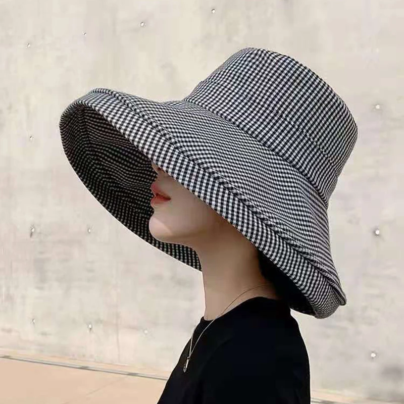 

2021 Summer Sun Hat for Women Super Large Brim Sun Protection Anti UV Beach Panama Bucket Hat Ladies Foldable Travel Plaid Cap