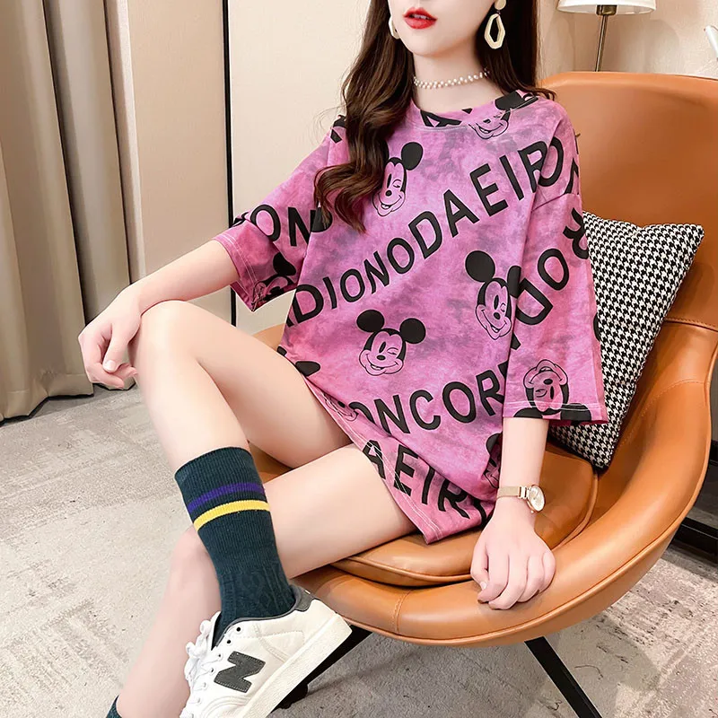 Cartoon Mickey letter printed short-sleeved women's loose T-shirt new purple mid-length top bottoming shirt Harajuku style