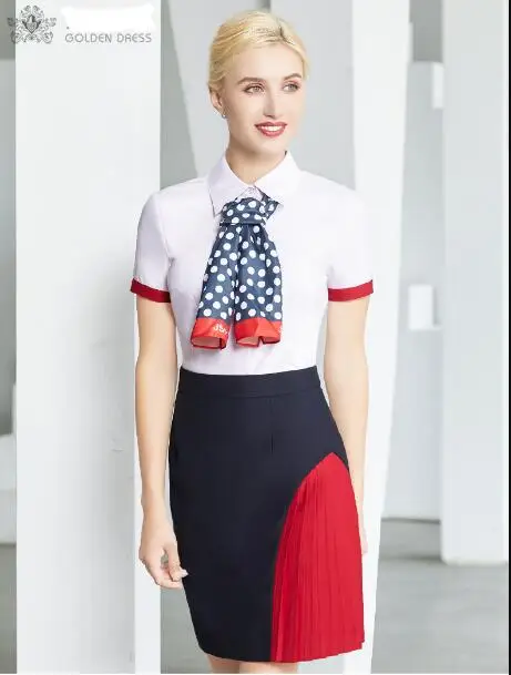 Russian Flight Attendant Uniform SummerSummer Airline Stewardess Women Work  Include Shirt Skirt