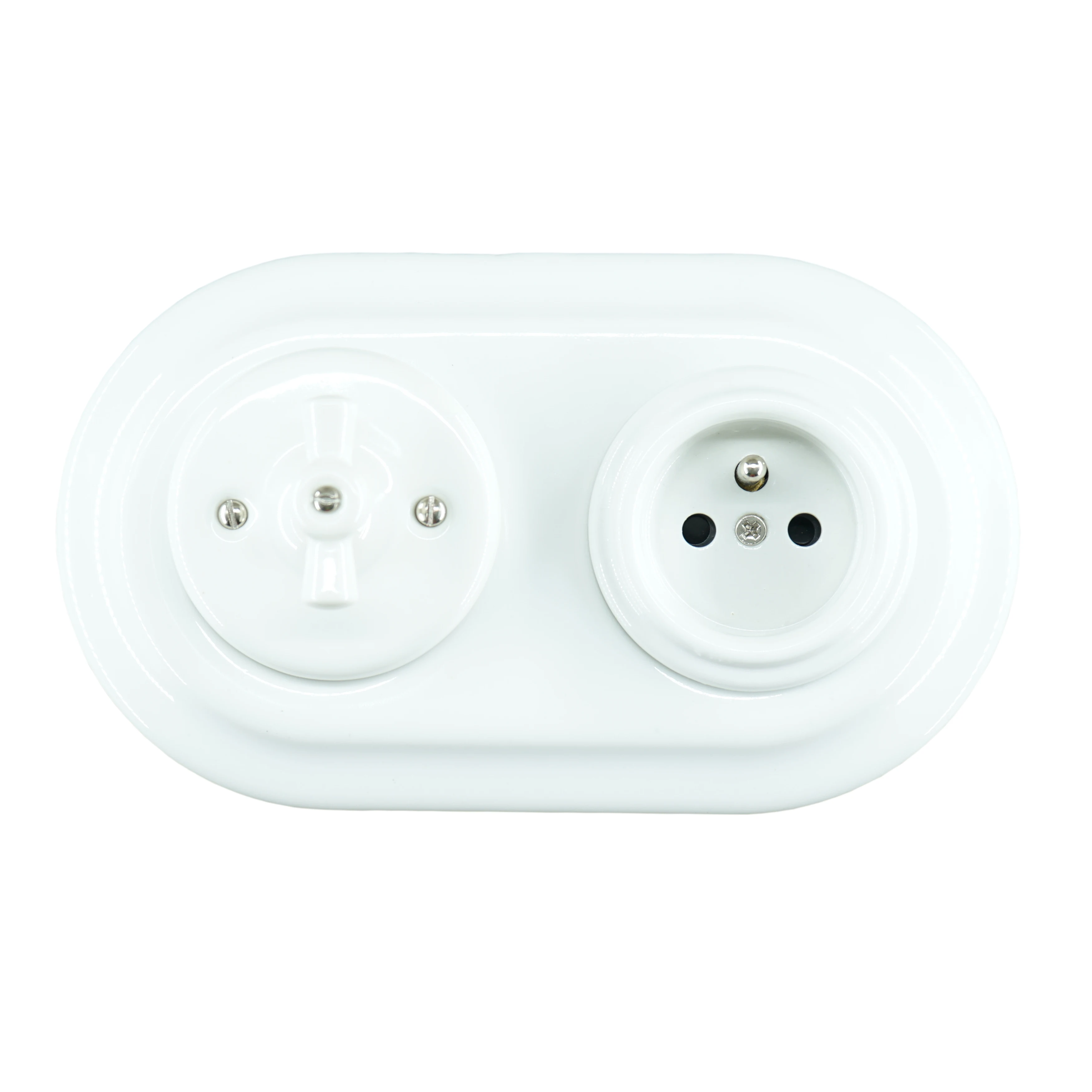 Flush-mounted Double Wall Switch and French Socket with Porcelain Frames