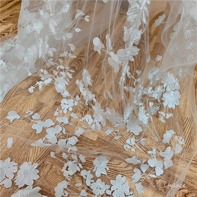 New Lace Fabric Off White Tulle Mesh Embroidery Lace Fabric DIY Wedding Dress Cloth Lace Fabric By The Yard