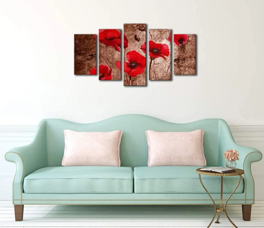 

No Framed Red Poppies on Brown 5 Pcs Canvas Picture Print Wall Art Flowers Canvas Painting Wall Decor for Living Room