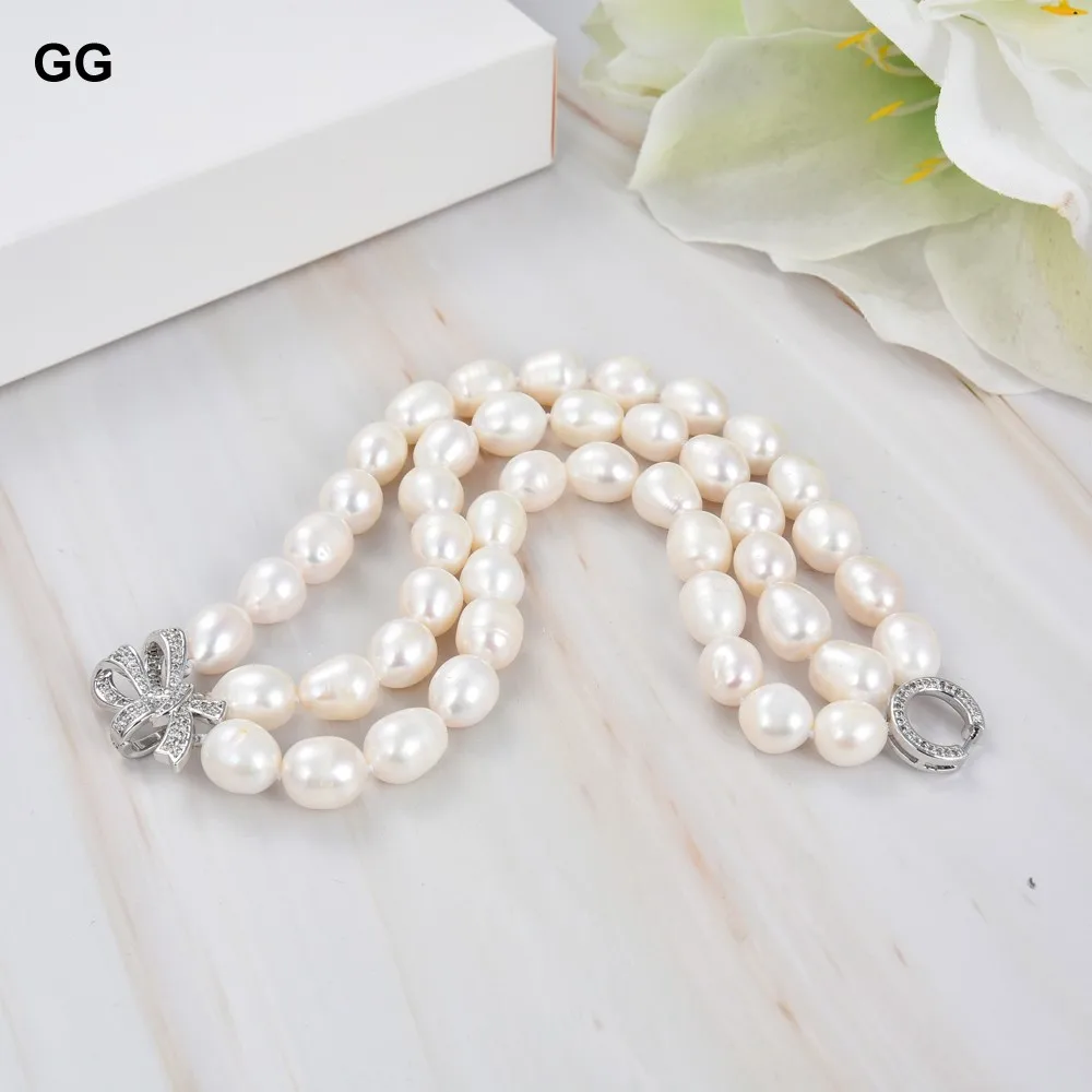 GuaiGuai Jewelry 8\'\' 3 Strands White Rice Pearl Bracelet CZ Clasp