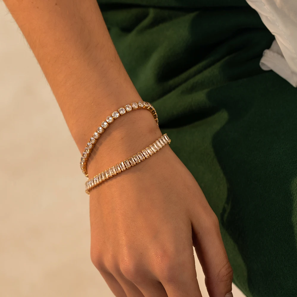 New AAA Cubic Zirconia Stone Tennis Bracelets Gold Color Stainless Steel Metal Chain Bracelet for Women Punk Hip Hop Jewelry