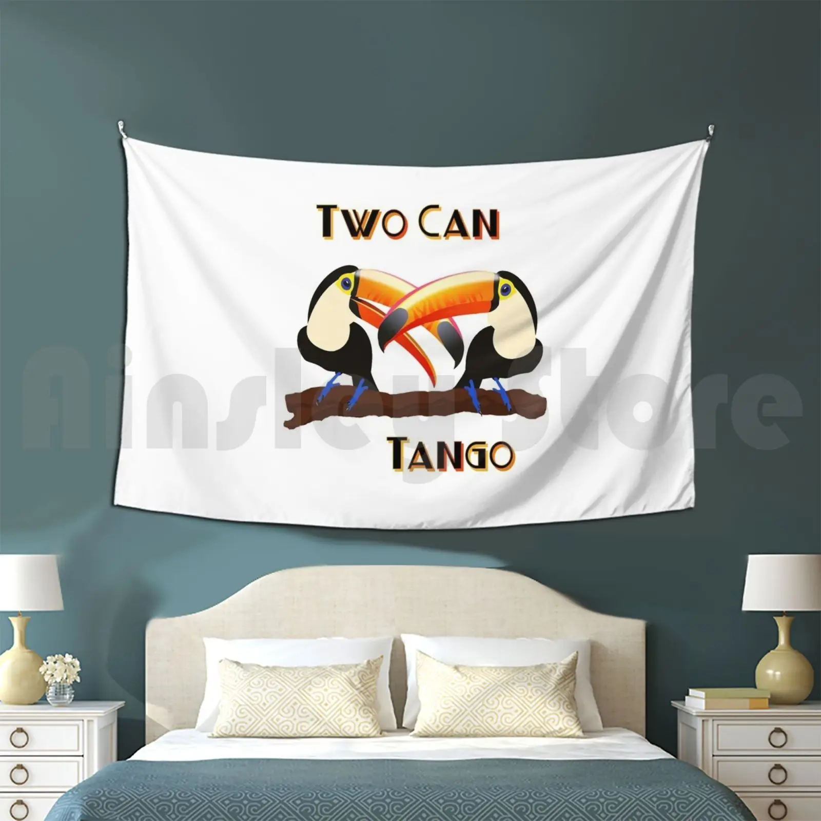 Toucans Do The Tango Tapestry Living Room Bedroom Toucan Toucans Tango Birds Bird Dance Colorful Dancing Kuduu Cheeky