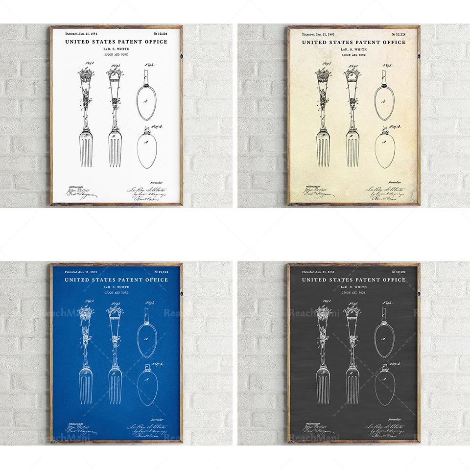 Affiche de dessin de brevet de cru de fourche. Blueprint Wall Art Cocina Comedor Restaurante Decoración de pared. Paté artístico de horquilla Dîner
