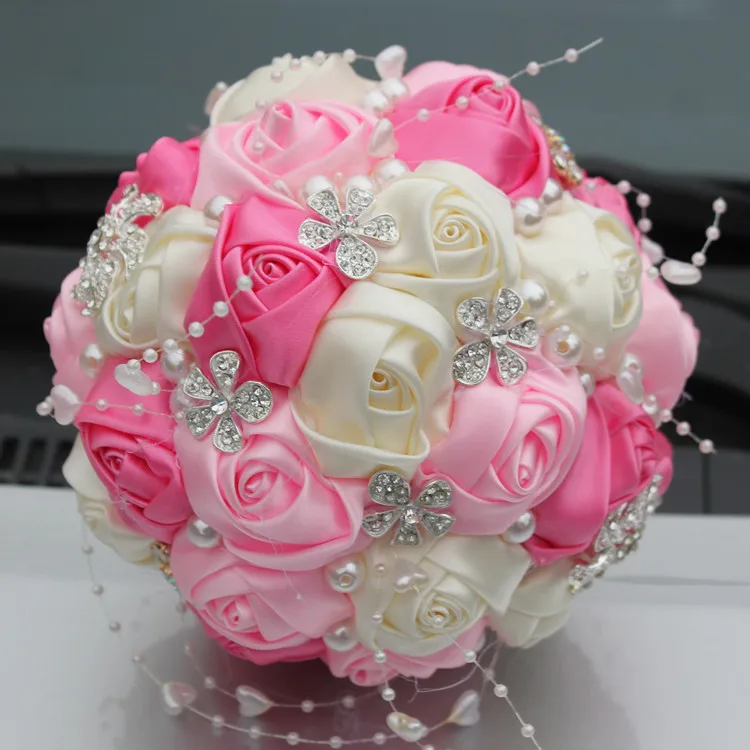 

White Pink Wedding Accessory Bouquets Satin Ribbon Sweet 15 Quinceanera Bouquets Rhinestones Crystal Bridal Holding Flowers Q358