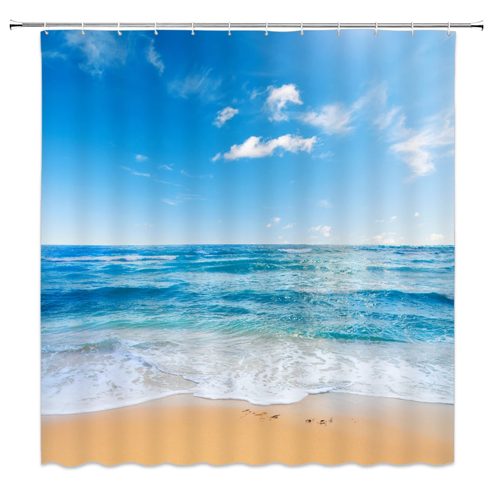 Ocean Beach Shower Curtains Set Sea Wave Summer Scenery Blue Sky Landscapes Shell Starfish Bathroom Decor Polyester Bath Curtain