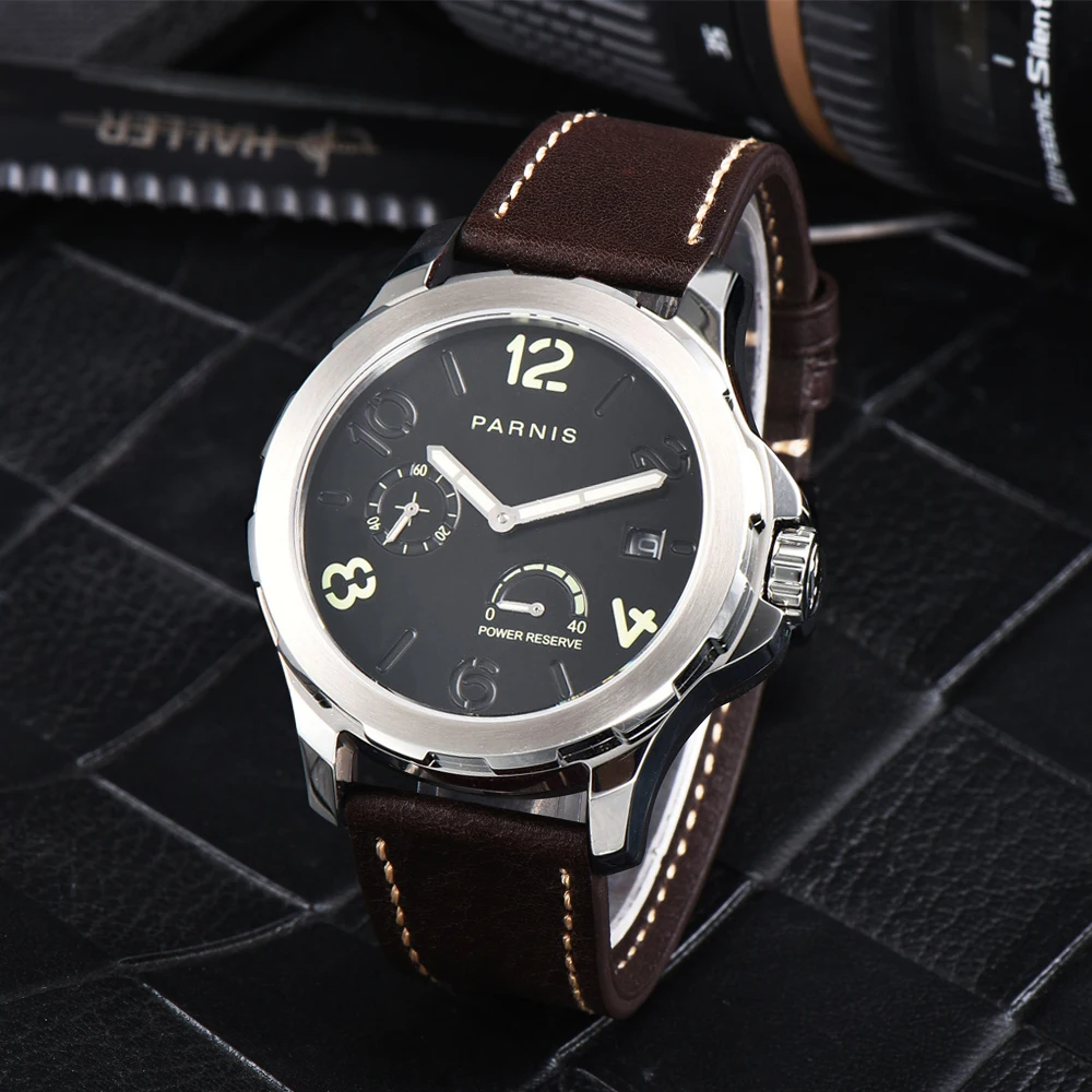 Parnis 44mm Automatic Watch Men Top Brand Luxury Silver Menchanical Leather Strap Luminous Auto Date Sapphire Crystal Watches