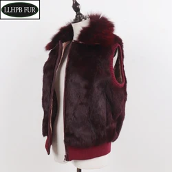 Hot Sale Women Real Fur Vest Natural Warm Rabbit Fur Gilet With Fox Fur Collor Winter Lady Genuine Rabbit Fur Sleeveless Coat