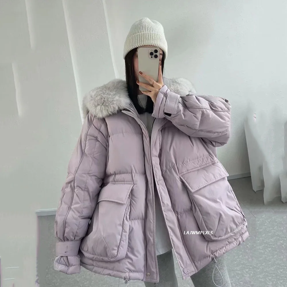 2022 inverno feminino real pele de raposa 90% pato branco para baixo casaco feminino grosso com capuz jaqueta puffer com grande pele natural