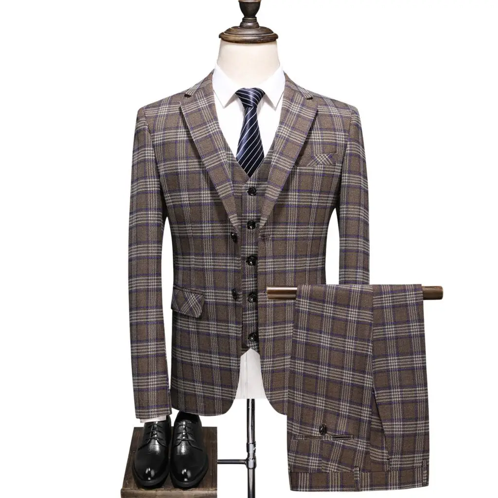 

British Men Plaid High End Custom Slim Single Breasted Lapel Party Groom Wedding Dress Blazer Vest Pants 3pcs Suit Set