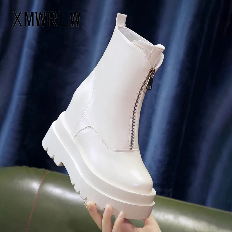 XMWRLW PU Leather Autumn Women's Boots Fashion Zip High Heels Boots For Women Autumn Shoes 2020 Ladies Mid-Calf Boot Woman Shoes