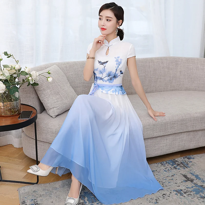 

Summer Chinese Party Dress for women Slim Improved Cheongsam Gown retro pattern ethnic clothing oriental Qipao Elegant Long robe