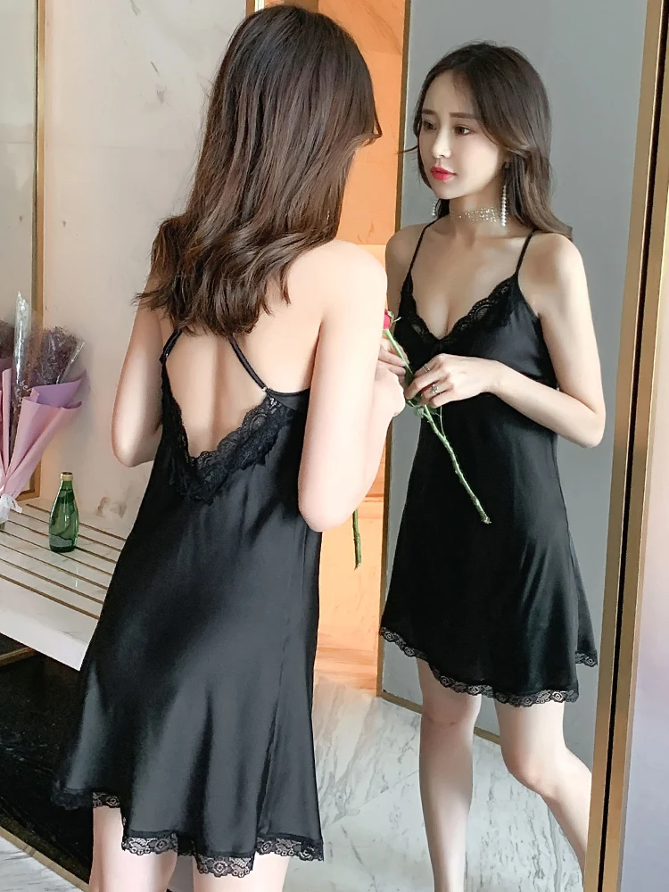 Backless Cross Strap Night Sleep Dress Women Underwear Lingerie Sling Lace V-Neck Sexy Nightdress Ice Silk Nightgown Home Cloth