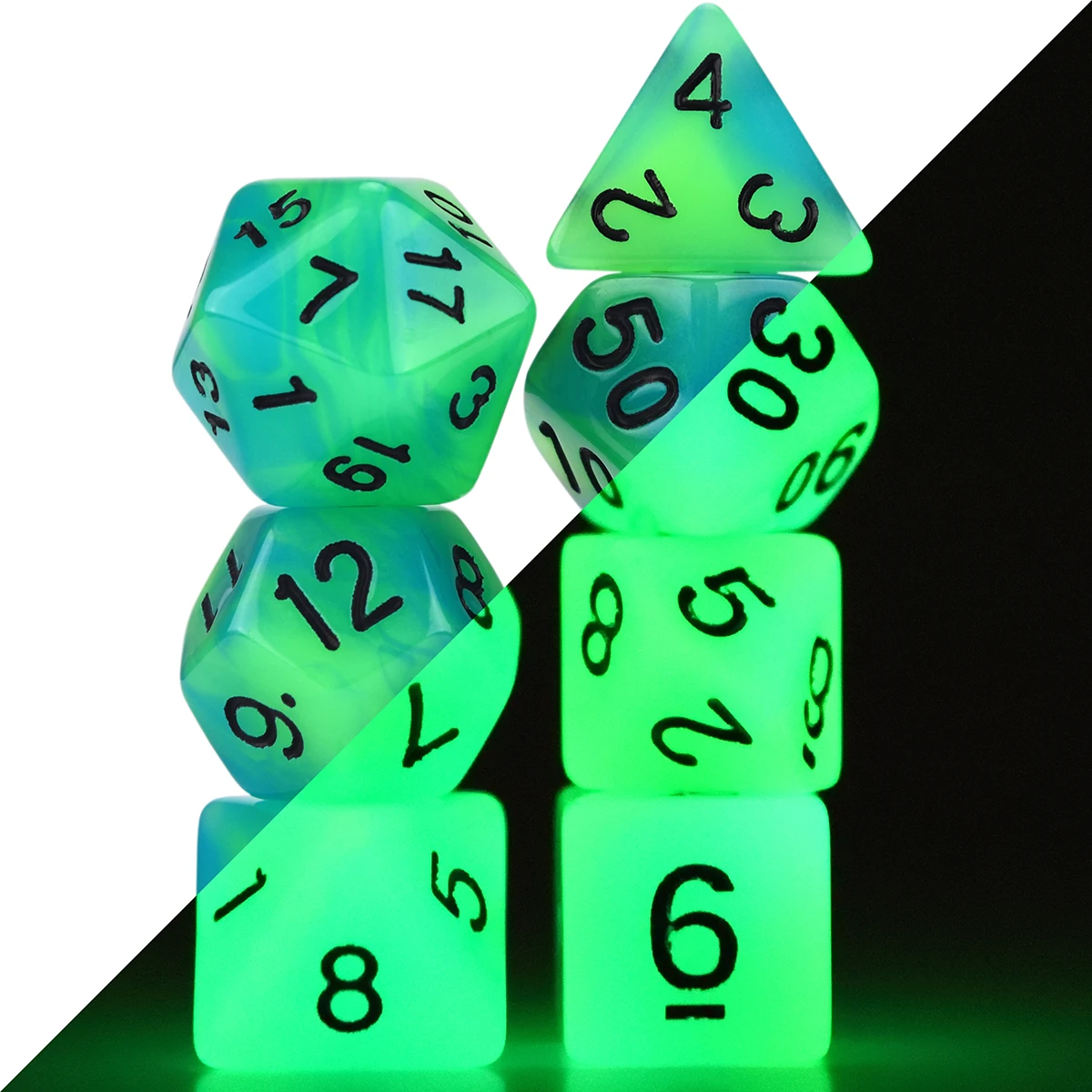 Glow in The Dark Polyhedral 7-Die Two Tone Dice Set D4 D6 D8 D10 D% D12 D20 for Table Games RPG DND