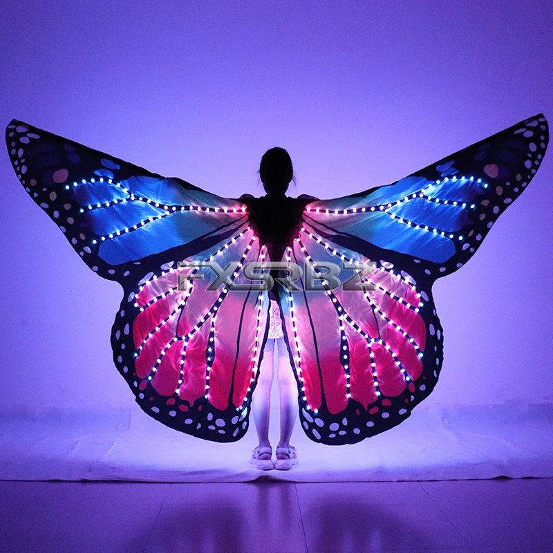 Full Color Women Belly Dance LED Wings Halloween Stage Girl LED Light Butterfly Costume Rainbow Color Dance Glowing Cloak Props