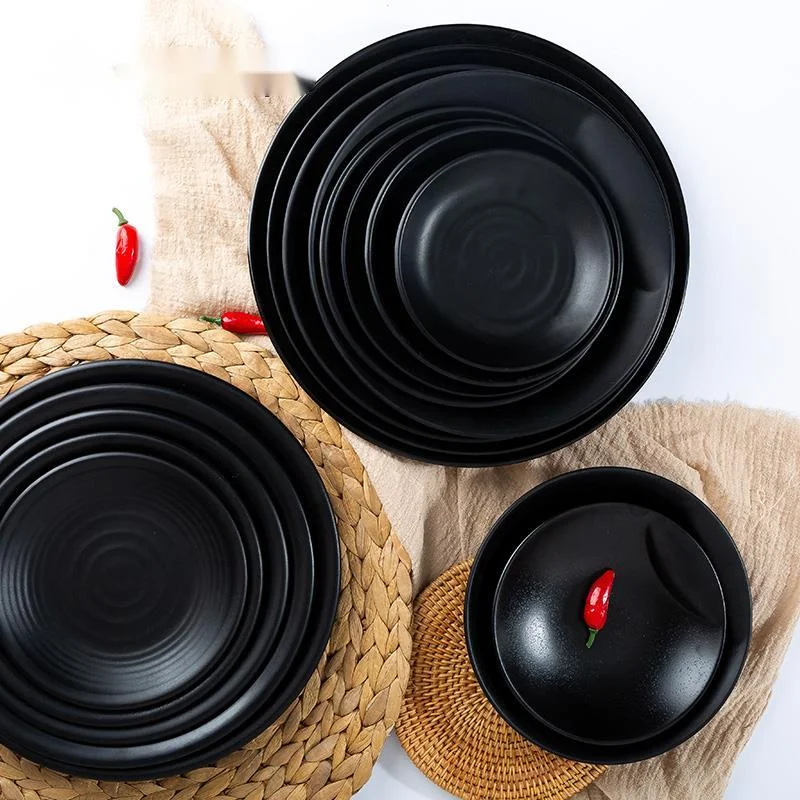 

SIA-HUAT Hot Melamine Plate Dish Black Round Sushi Spaghetti Steak Salad Container Hot Pot Shop Japanese Cuisine BBQ Kitchen 1PC
