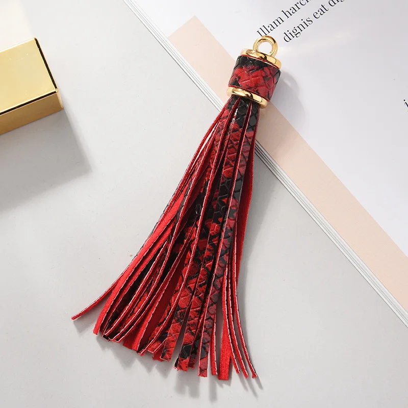 5Pcs Snake Grain PU Leather Metal Ring Tassel Pendants DIY Crafts Art Materials Phone Jewelry Decor Tassels Bag Trim Accessories