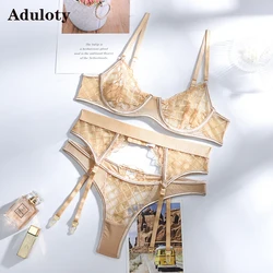 Aduloty New Fashion Lace V-neck fishing net Garter underwear gathered bra Garter and panty set thin section erotic Lingerie 3pc