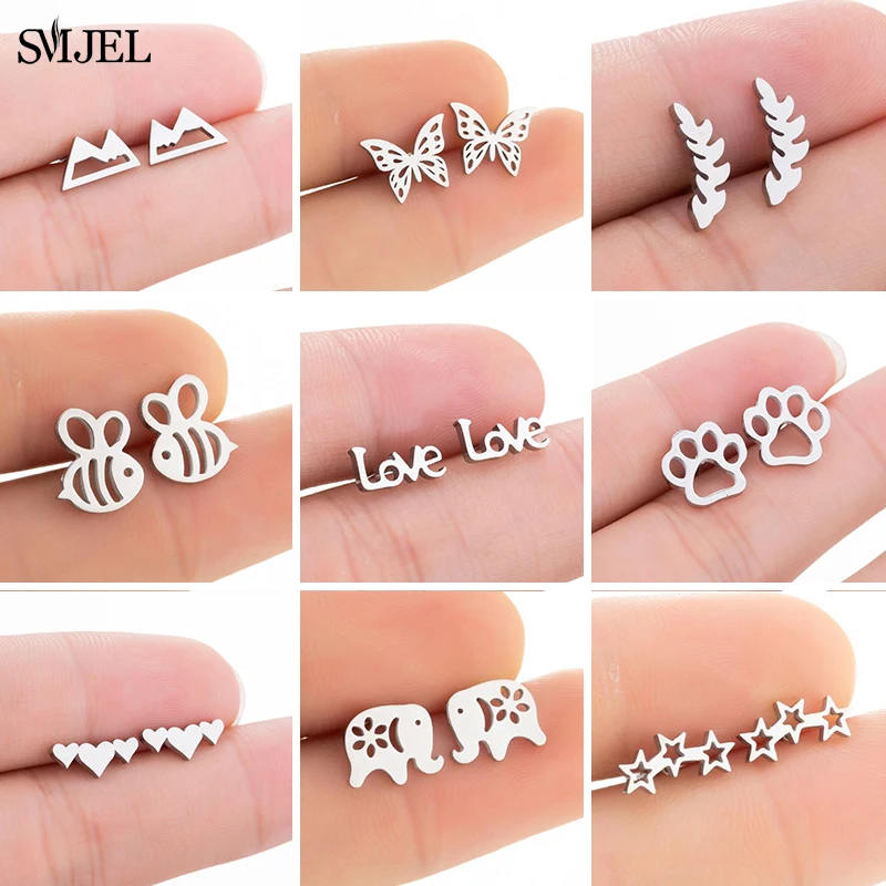 Punk Stainless Steel Stud Earrings for Women Men Small Black Fashion Puzzle Love Letter Paw Leaf Earings Bee Ear Pendientes 2024