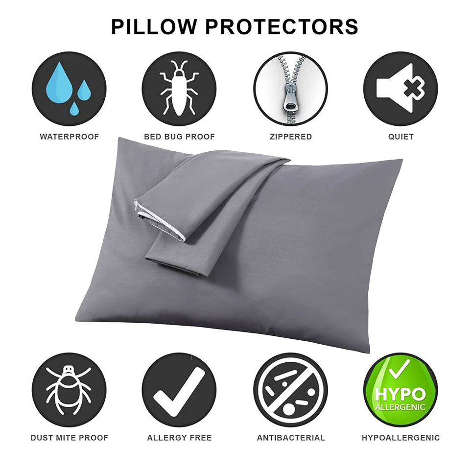 100% Waterproof Pillow Protector Pilowcase  Allergy Pilowcase Anti Mites Bed Bug Proof Zipper Cover Eco-Friendly Grey 1PC