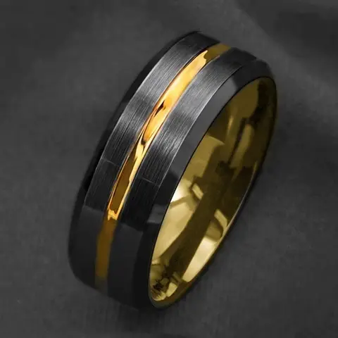 8mm Black Fashion Men Rings Brushed Tungsten Ring Gold Line  Engagement Wedding Band Anniversary Jewelry Men Rings