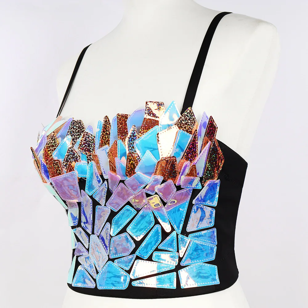 Sexy Irregular Laser Sequins Performance Stage Bra Female Top Women's Bralette Cropped Top Vest Plus Size