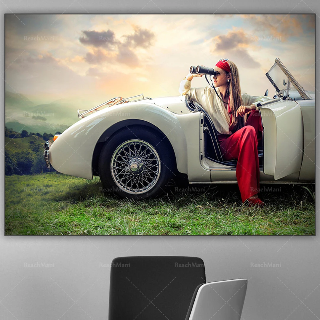 Beautiful fashion woman sitting in racing car looking through binoculars canvas print, modern art deco wall poster