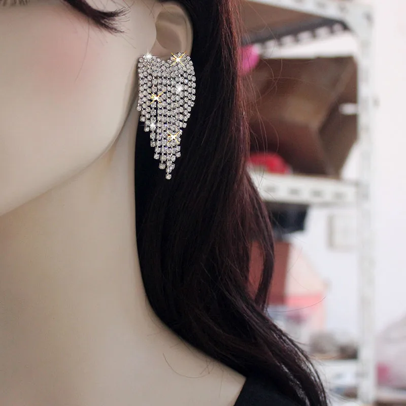 Luxury Rhinestone Tassel Earrings For Women Elegant Big Crystal Heart Drop Dangle Earrings Wedding Earring Jewelry Accessories