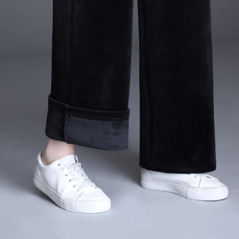 Trouser For Women High Waist Causal Loose Wide Leg Pants Female 2021 Winter Warm Thick Double Velvet Korean Fashion Elegant Tide