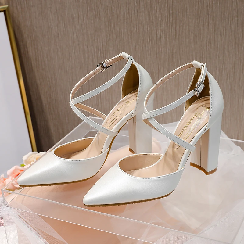 

BaoYaFang 10cm Thick Heel Bridal Wedding Shoes Woman Buckle Lace-up Party Dress High Pumps Ankle Strap Fashion Sandals