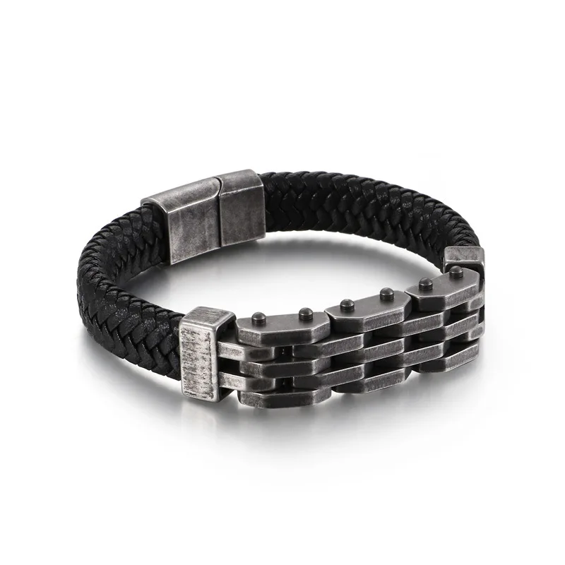 Men's braided leather titanium steel bracelet retro locomotive trendy man simple personality stainless steel jewelry