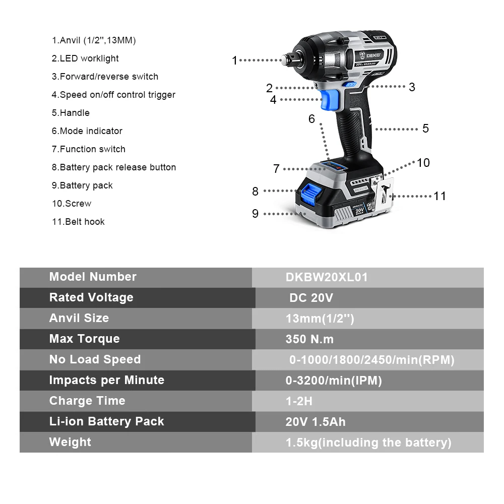 Deko-コードレスブラシレスレンチ20v,350n.m,高トルク電気インパクトレンチ,電動工具,dkbw20xl01