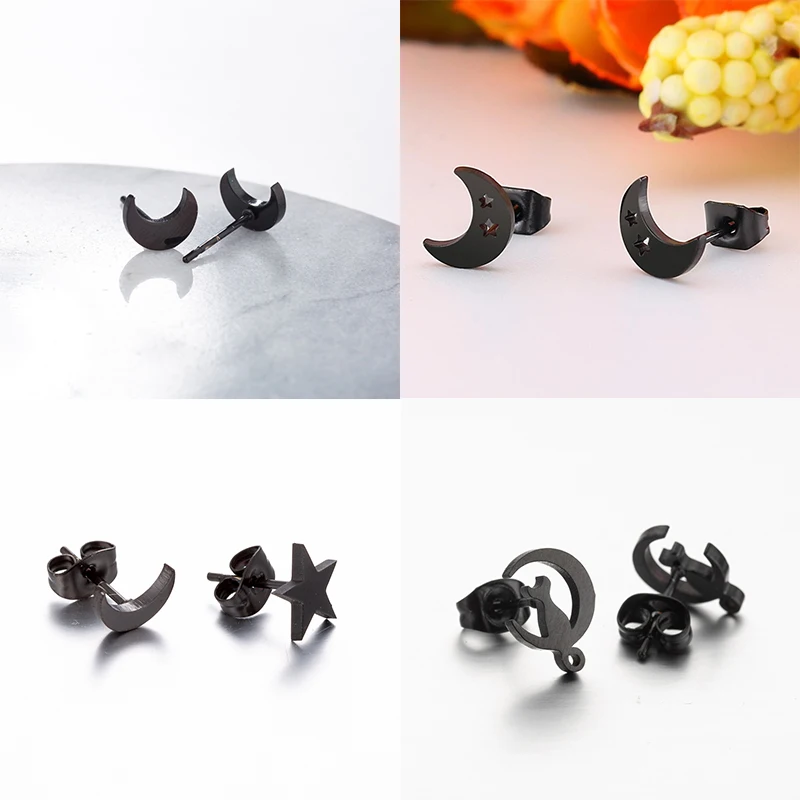 Stainless Steel Cute Cat Moon Stud Earrings Jewelry Simple Crescent Star Fox Earrings For Girls Romantic Gift Punk Accessories