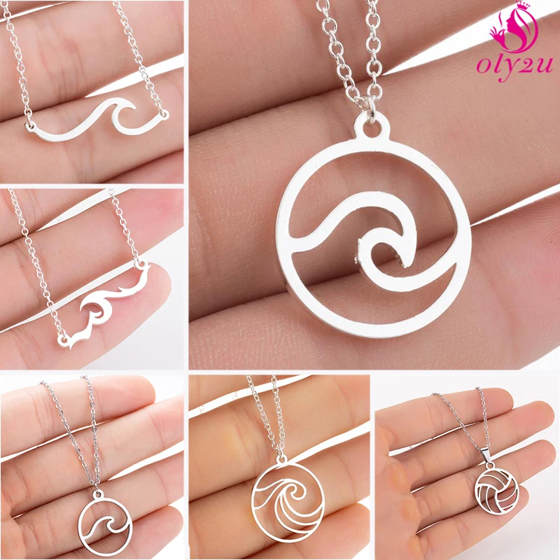 Fashion Simple Design Ocean Wave Pendant Necklace Ocean Surf Stainless Steel Necklace Rose Gold Women's Jewelry Gift for Men